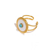 Gold & White Enamel Oval Ring | Turquoise Center Statement Ring | Adjustable Fashion Jewelry